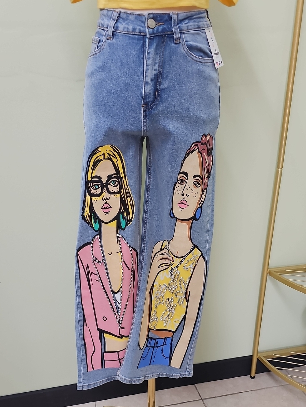 Graphic Wide-Leg Blue Denim Jeans with Pop-Art Panels